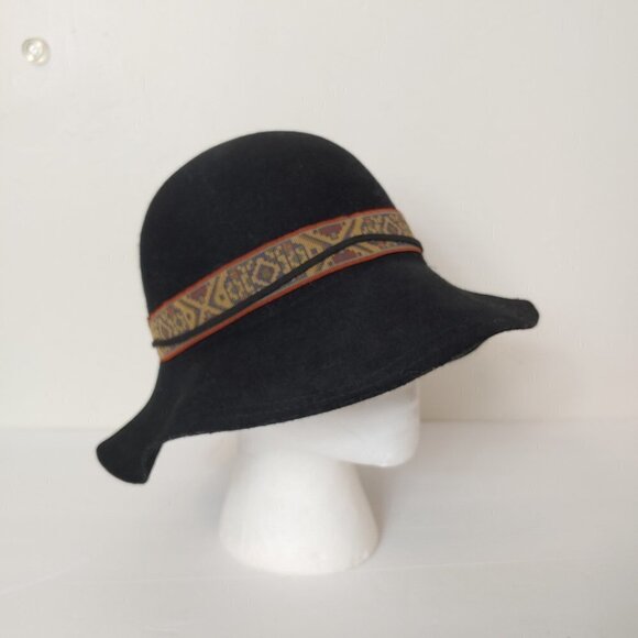 Wool Felt Wide Brim Floppy Hat Kilim Style Pattern Band Adjustable Boho Black - Picture 2 of 9